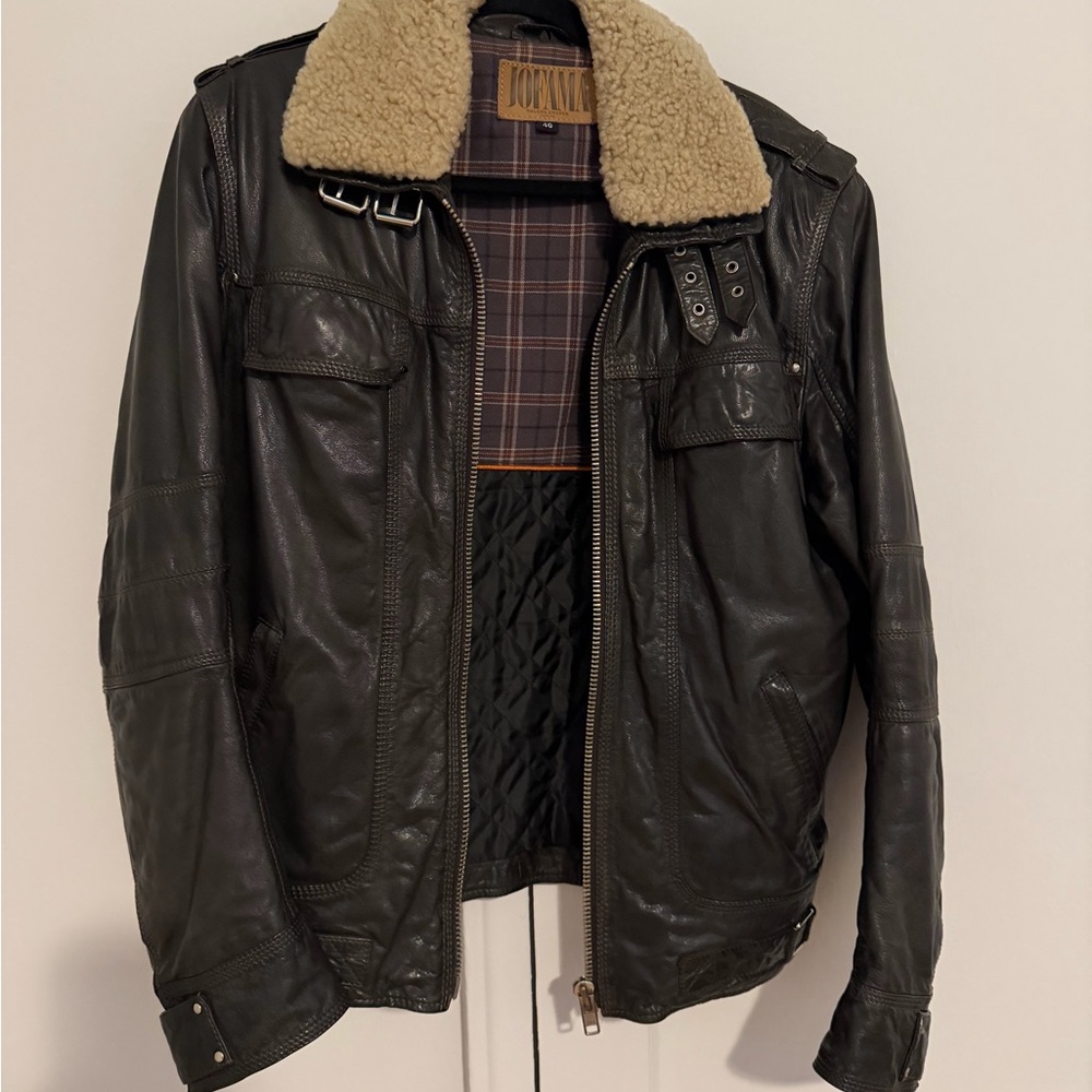 Men's Black Leather Jacket with Shearling Collar